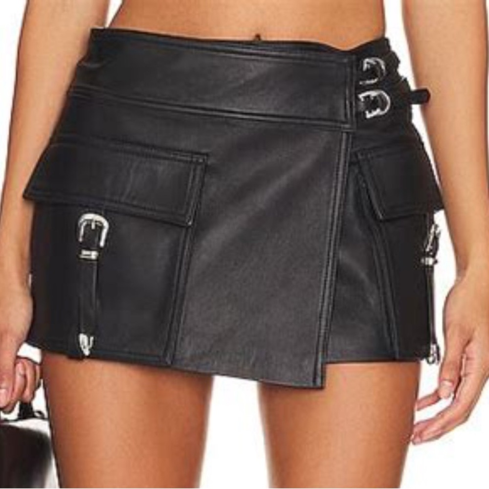 Camila Coelho Black Leather Mini Skirt with Buckle Details